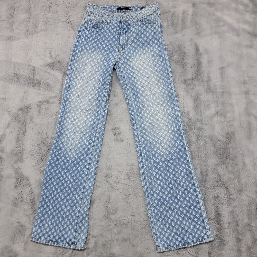 Jaded London Jeans Womens 24 Blue High Rise Slouchy Straight Geometric Denim